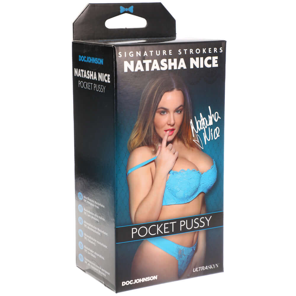 Signature Strokers Natasha Nice Ultraskyn Pocket Pussy product packaging with model.