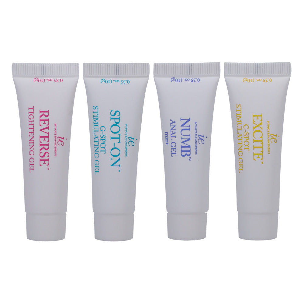 Intimate Enhancements Intensify Pleasure 4-pack featuring REVERSE, SPOT-ON, NUMB, and EXCITE gel tubes for heightened sensations.