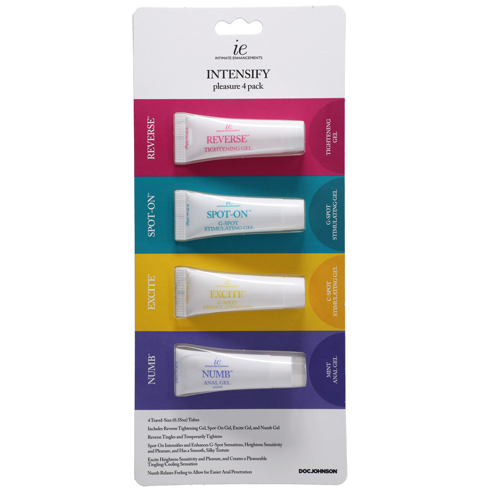 Intimate Enhancements Intensify Pleasure 4-pack featuring four targeted gels for enhanced sensations.