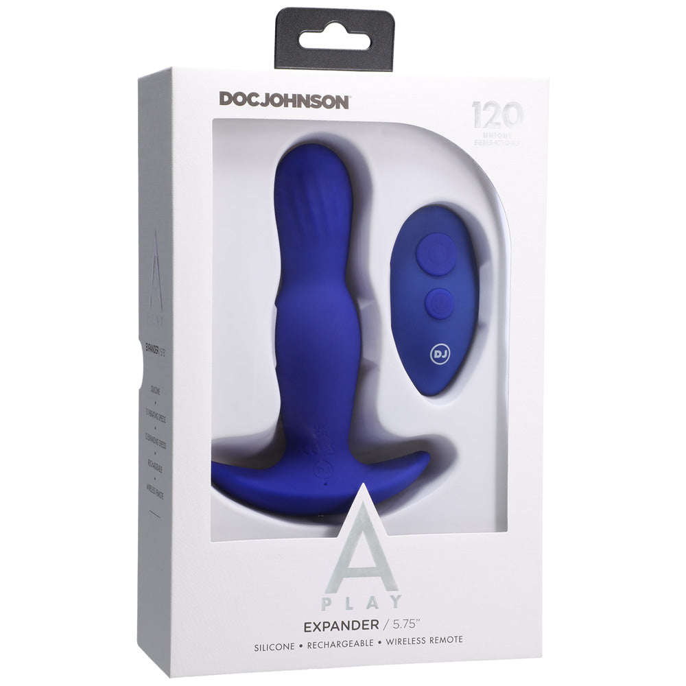 A-Play Expander Silicone Anal Plug Remote Royal Blue in packaging by Doc Johnson, featuring a wireless remote.