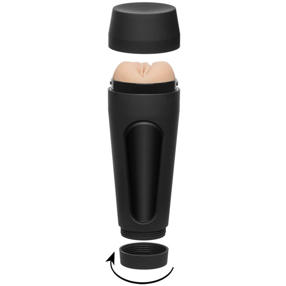 Main Squeeze Karlee Grey Porn Star Ultraskyn Stroker Pussy disassembled showing inner texture and outer casing.