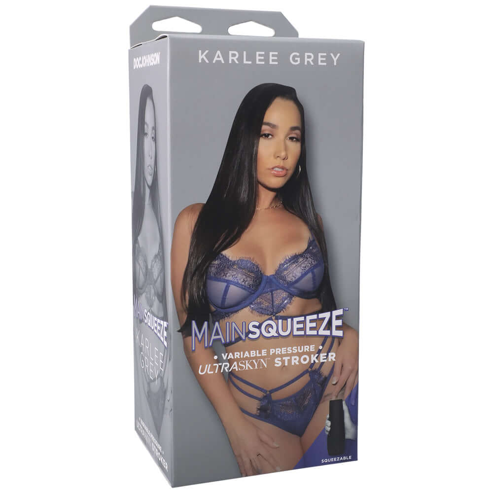 Main Squeeze Karlee Grey Porn Star Ultraskyn Stroker Pussy packaging featuring Karlee Grey