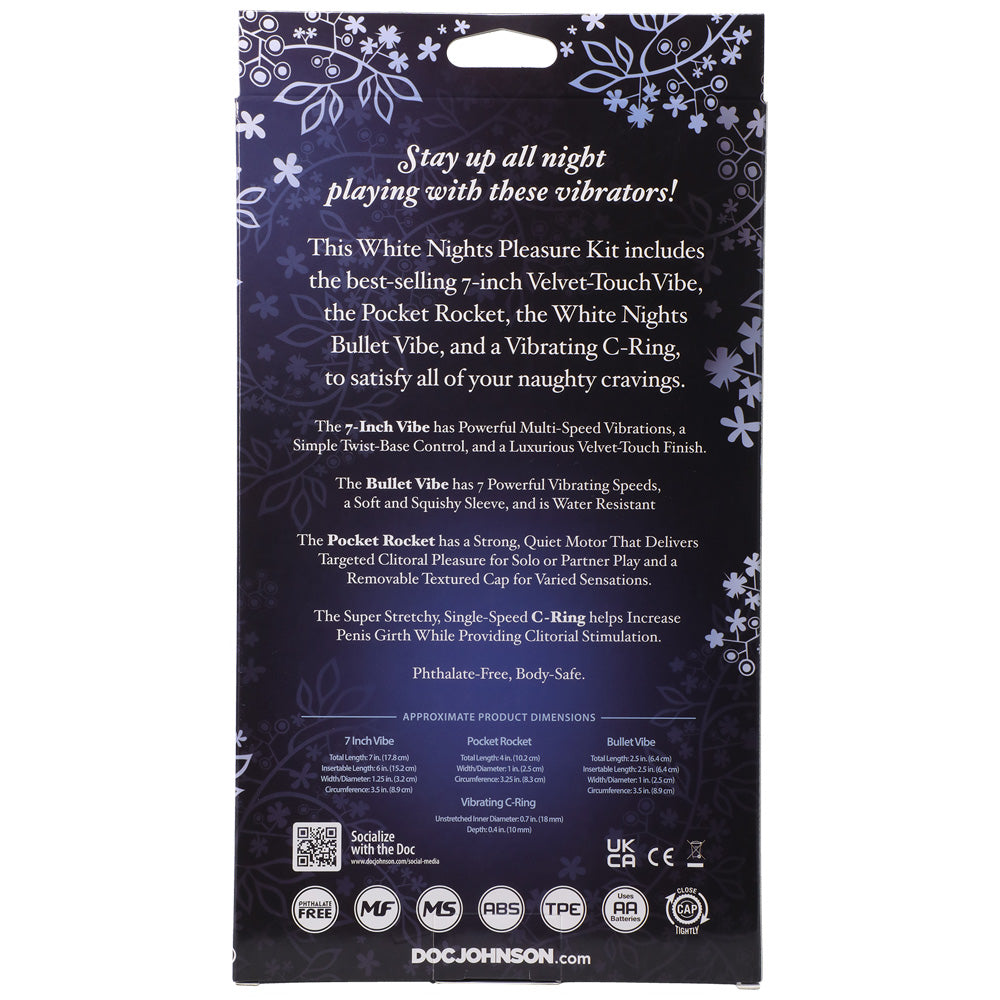 Back packaging of White Nights Pleasure Kit White, showcasing product details and features for adult pleasure.