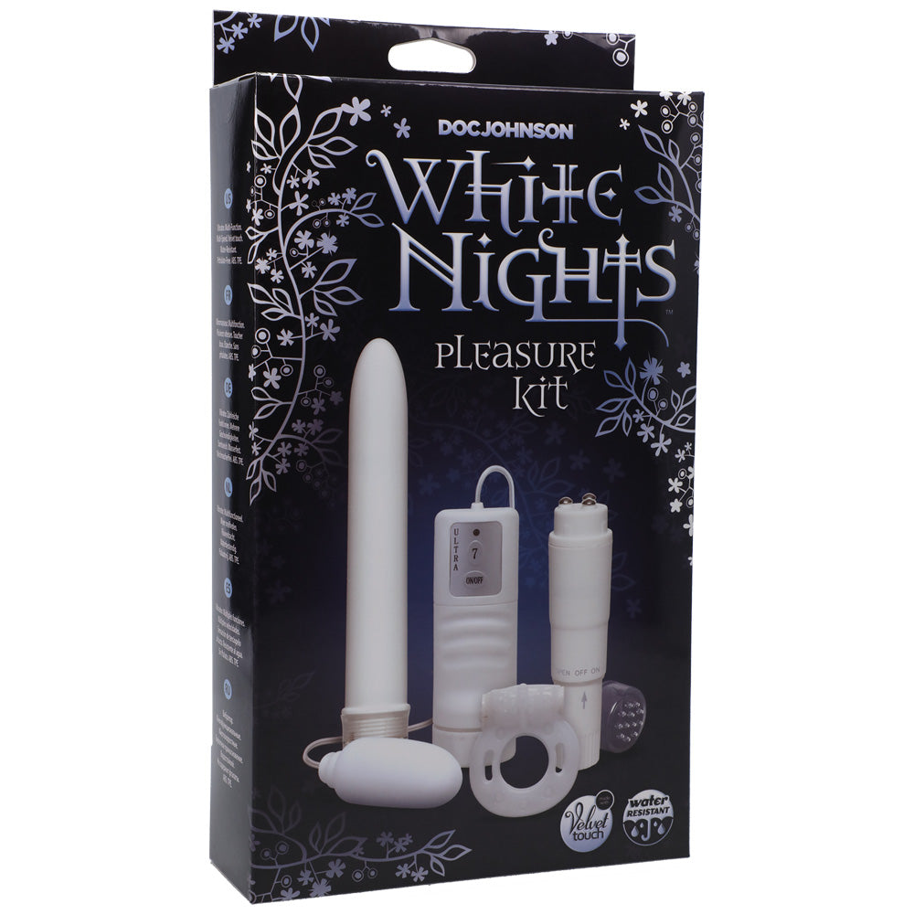 White Nights Pleasure Kit White packaging featuring vibrator, clitoral massager, bullet, and cock ring.