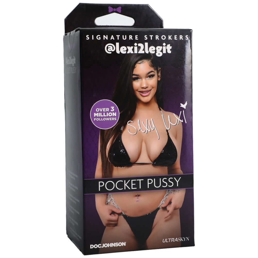 Signature Strokers lexi2legit Ultraskyn Pocket Pussy Caramel packaging with model image and branding.