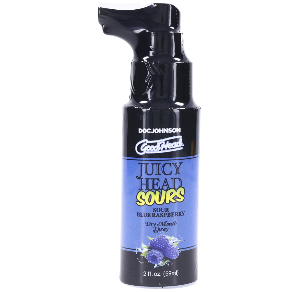 Goodhead Juicy Head Dry Mouth Spray Sour Blue Raspberry 2 Oz bottle with spray nozzle for instant moisture.