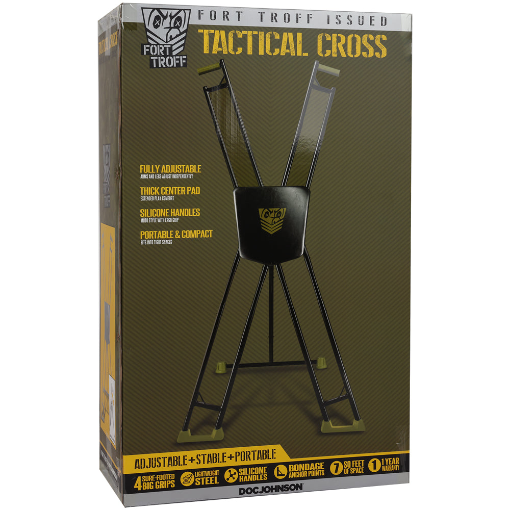 Fort Troff Tactical Cross Restraint Black Green packaging, highlighting adjustable design and sturdy build for bondage gear.