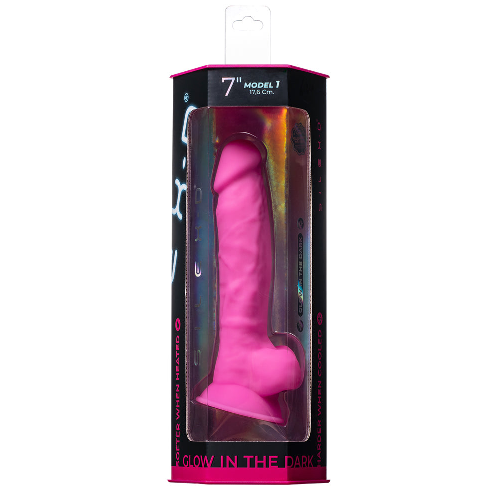 Silex-d Original Model 1 7 Inch Glow Dildo Pink in packaging, designed for realistic sensation and glow in the dark play.