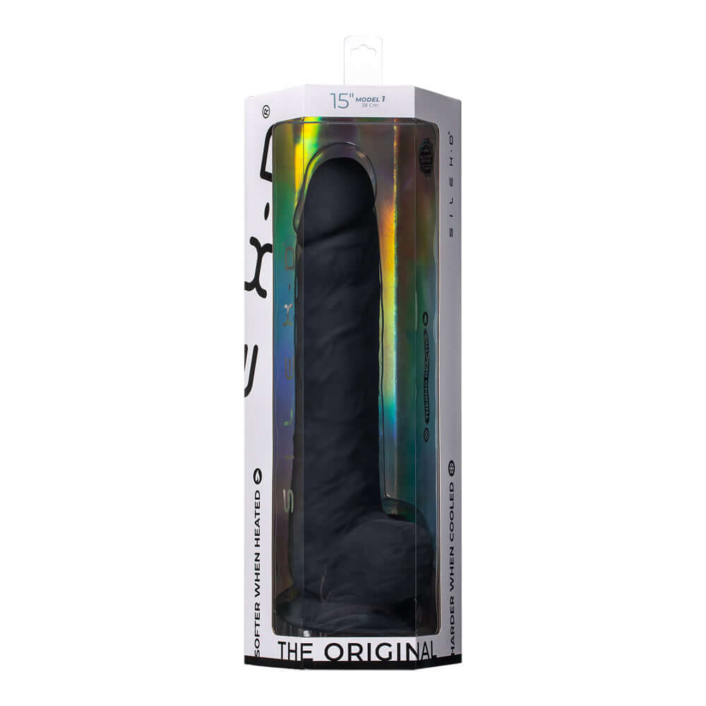 Silex-d The Original Model 1 Dildo 15 inches Black in packaging showcasing its premium dual-density silicone design.