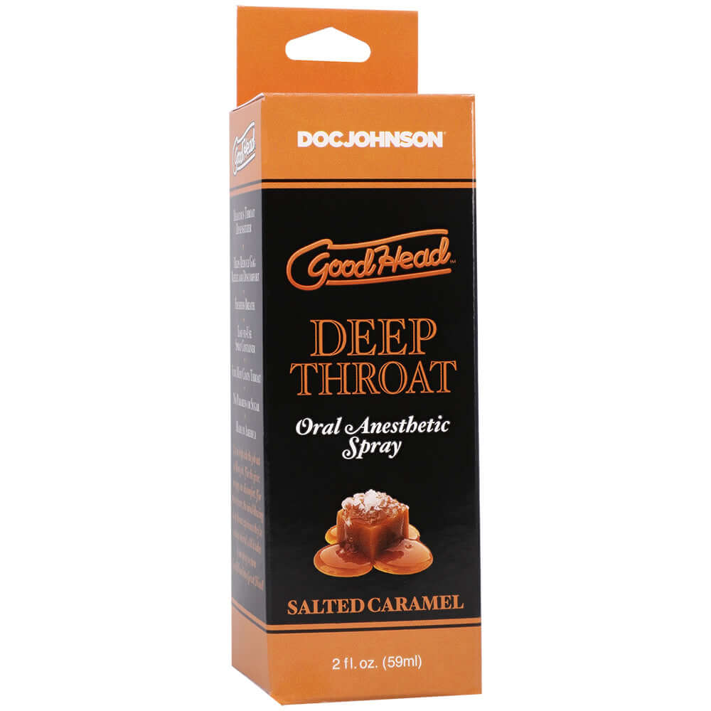 Goodhead Deep Throat Spray Salted Caramel 2 Oz packaging with a delicious caramel design.