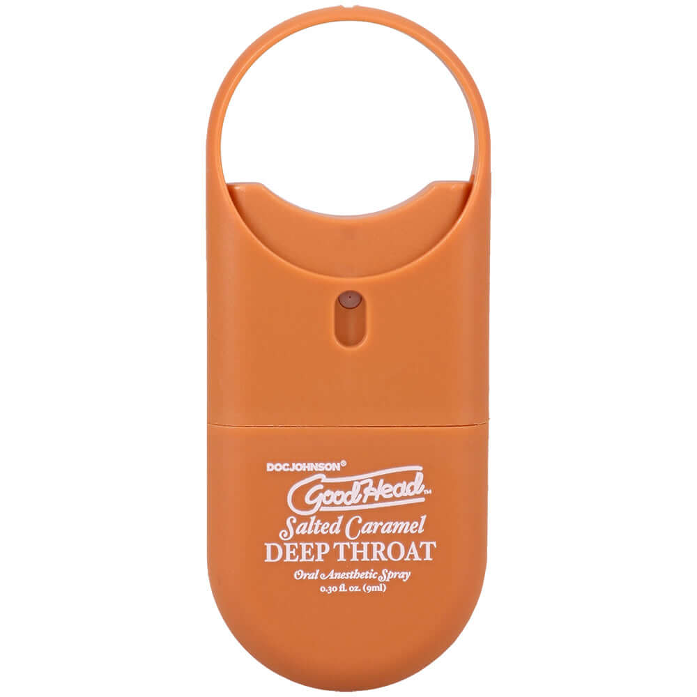 Goodhead Deep Throat Spray To-go Salted Caramel 0.30 Oz in orange packaging, perfect for easy and discreet use.