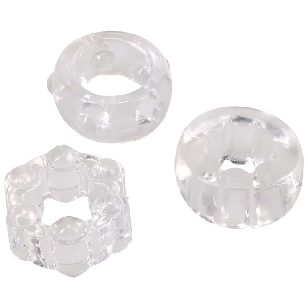 Crystal Jellies Performance Ring Set Clear featuring three textured rings for enhanced stimulation.