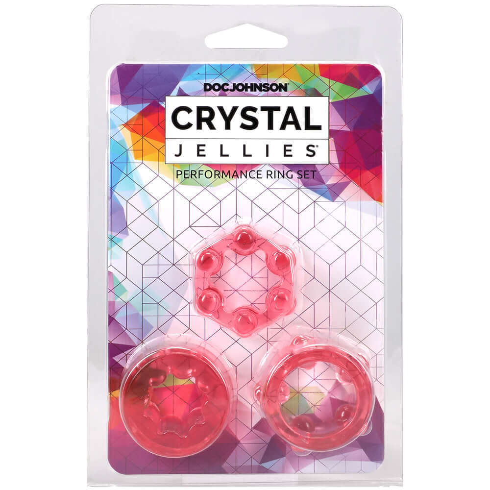 Crystal Jellies Performance Ring Set Pink packaging with three textured rings for enhanced stimulation.