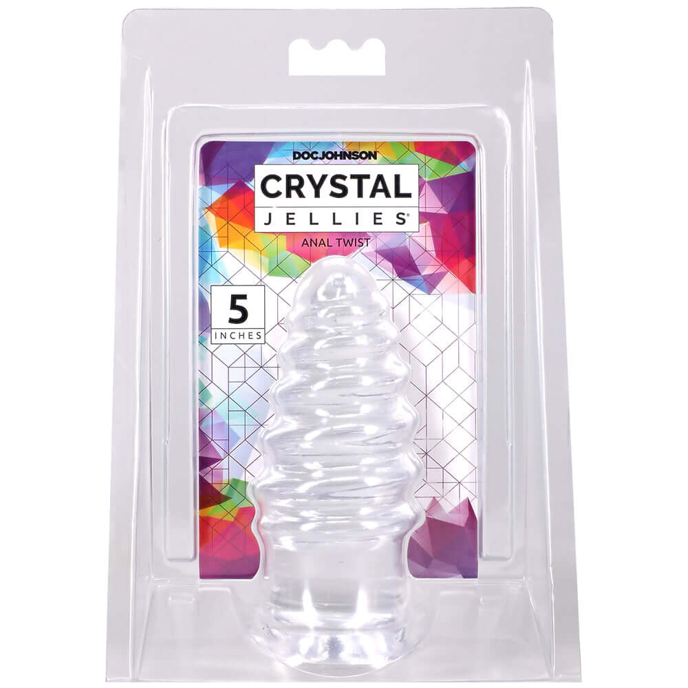 Crystal Jellies Anal Twist 5 Inch Clear packaging showcasing the soft and flexible erotic tool for anal play.