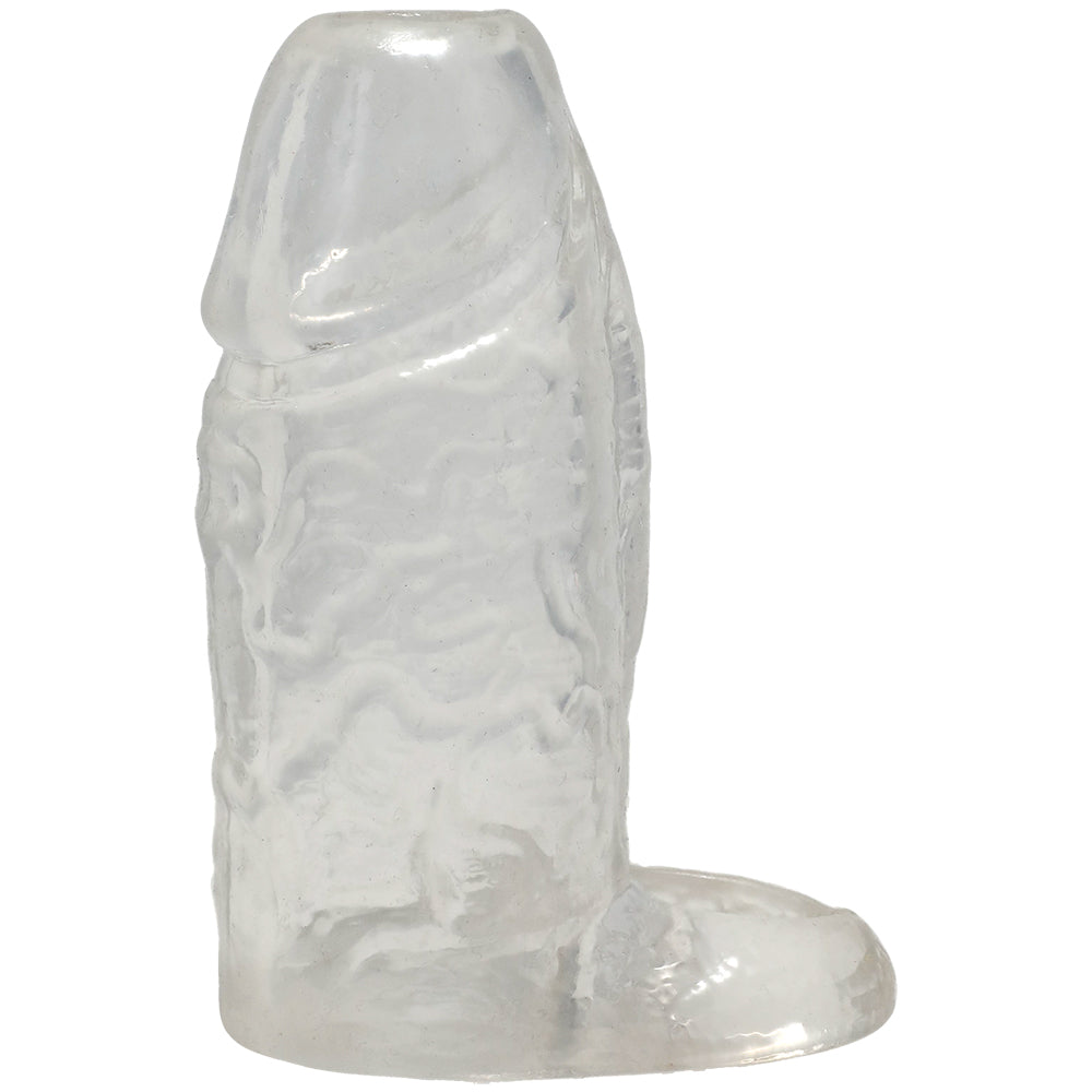 Titanmen Cock Sleeve With Ball Strap 4.5 Inch Clear shown side view of clear material design.