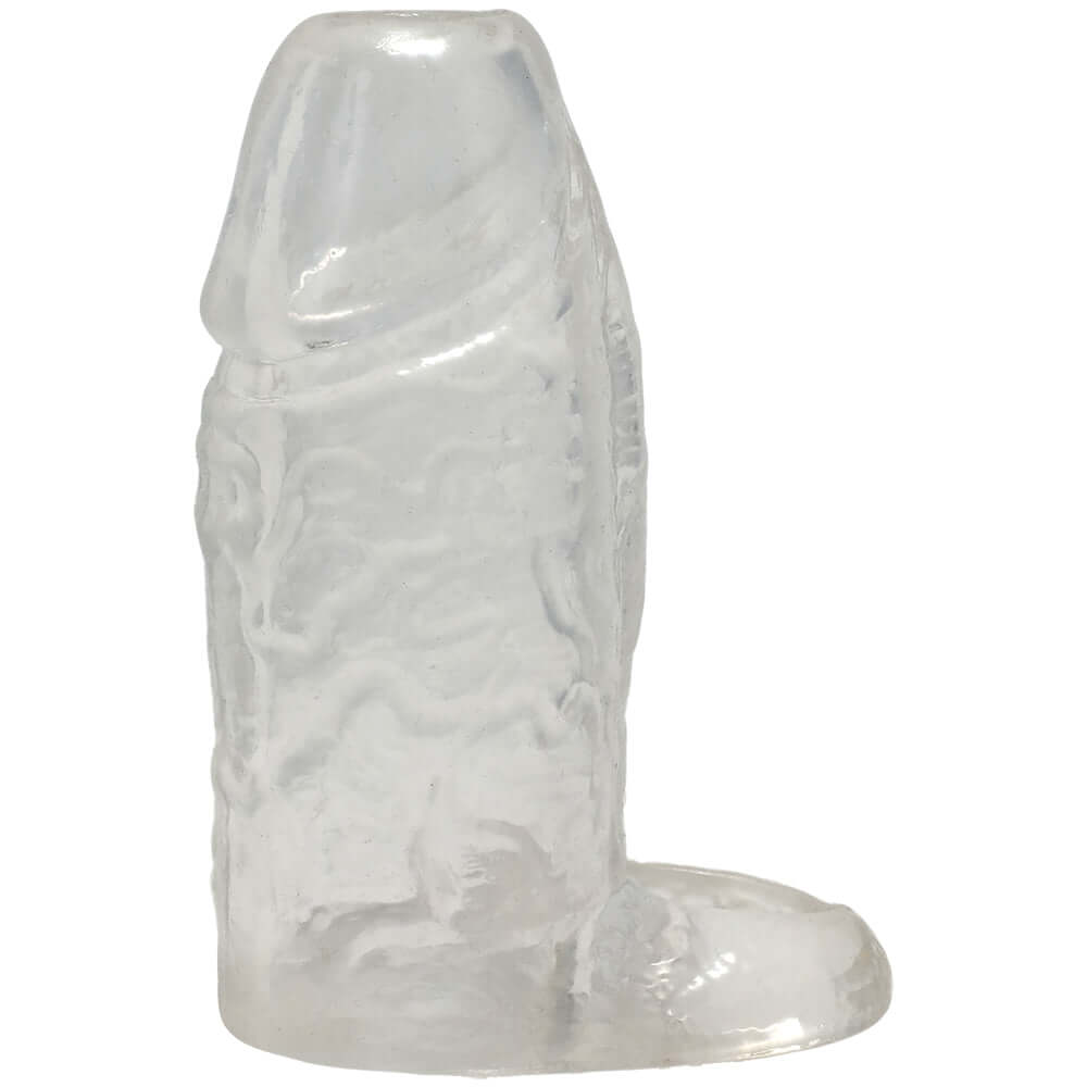 Titanmen Cock Sleeve With Ball Strap 4.5 Inch Clear shown side view of clear material design.