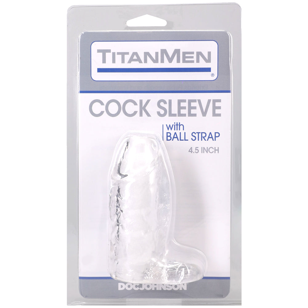 Titanmen Cock Sleeve With Ball Strap 4.5 Inch Clear in packaging display for enhanced size and sensation.