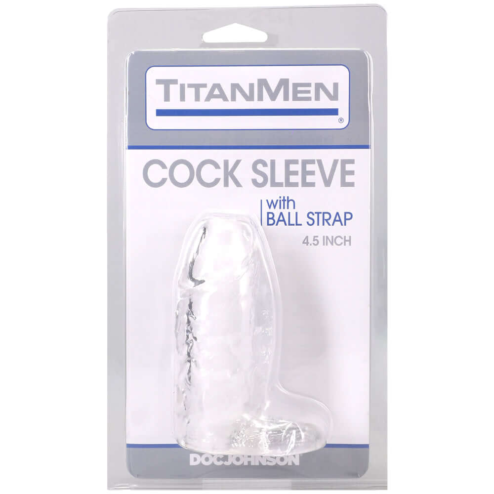 Titanmen Cock Sleeve With Ball Strap 4.5 Inch Clear in packaging display for enhanced size and sensation.