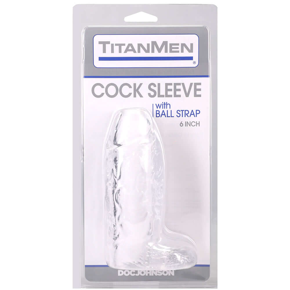 Titanmen Cock Sleeve With Ball Strap 6 Inch Clear in packaging for enhanced pleasure and stimulation.