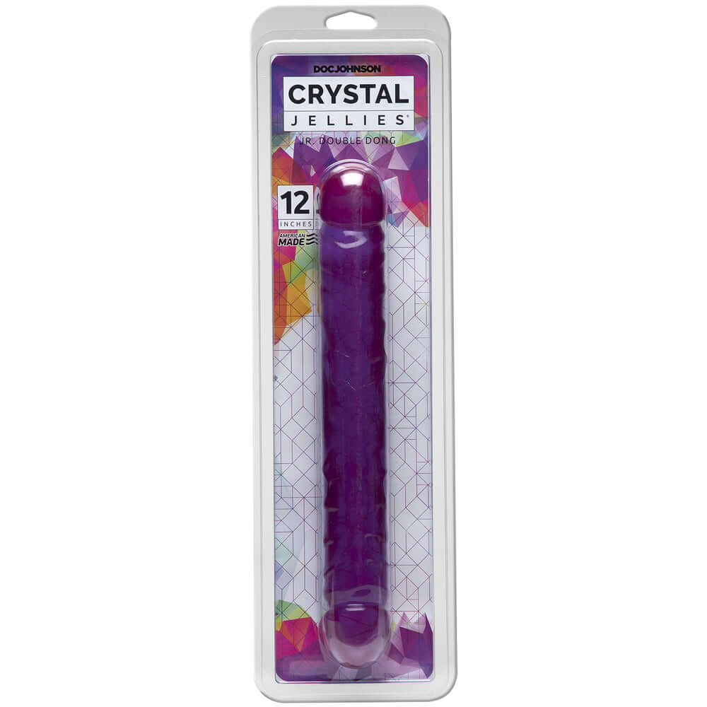 Jr Double Dong Purple Jellie 12 inches Dildo packaged in vibrant box showcasing its flexible design.