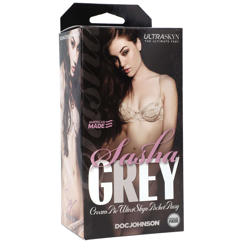 Signature Strokers Sasha Grey Ultraskyn Cream Pie Pocket Pussy product packaging with lifelike design.