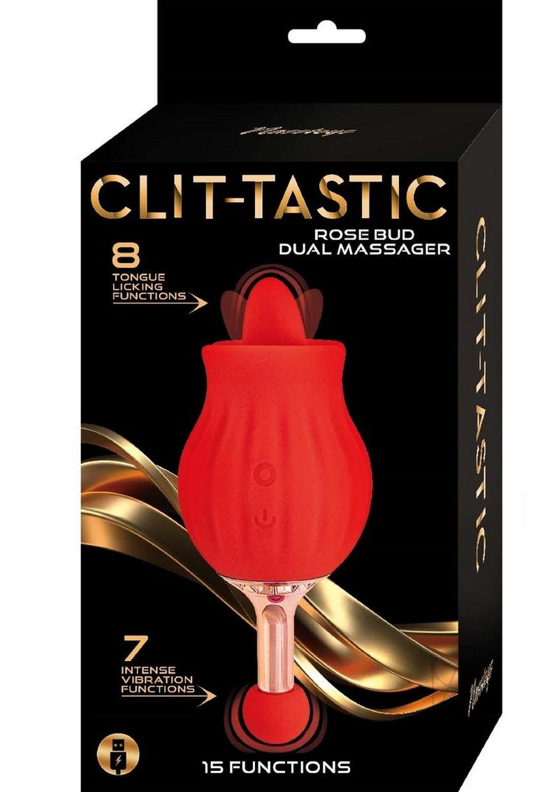Clit-Tastic Rose Bud Dual Clitoral Massager Red packaging showcasing its 8 tongue-licking functions and sleek design.