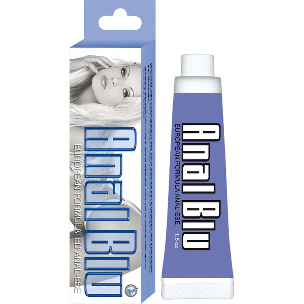 Anal Blue European Formulated Anal Ease 1.5 Oz desensitizing lubricant tube packaging for anal comfort.