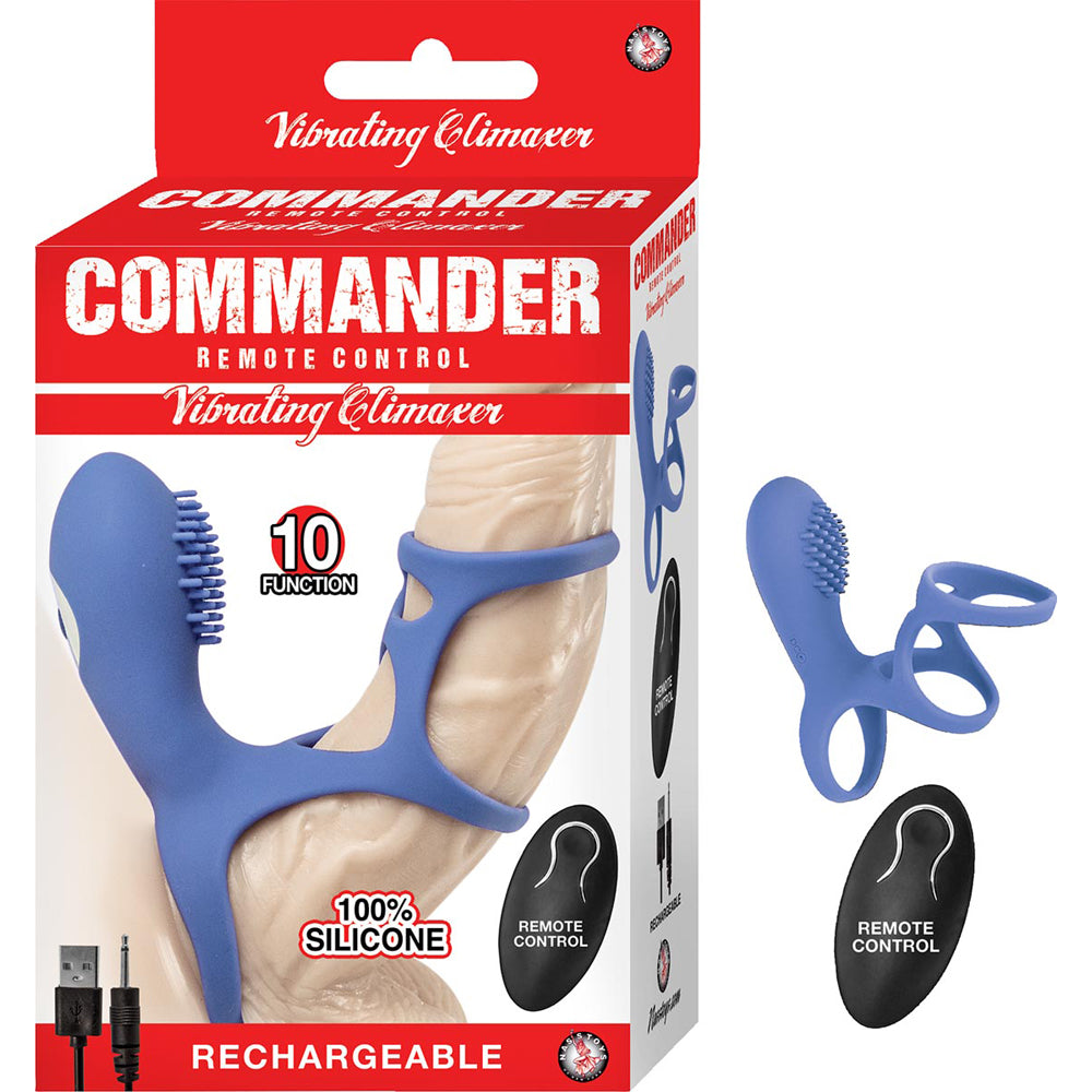 Commander Remote Control Vibrating Climaxer Blue in packaging with silicone cock cage and remote control.