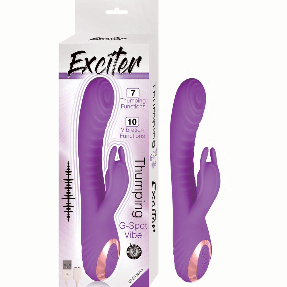 Nasstoys Exciter Thumping G Spot Vibe Purple in packaging highlighting its 7 thumping functions and 10 vibrations.