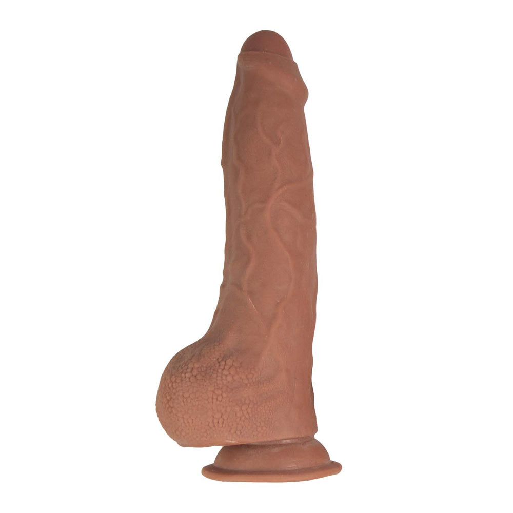 Realcocks Dual Layered Uncut Slider 9.5 inch Balls Brown, lifelike uncircumcised dildo with dual-density skin.