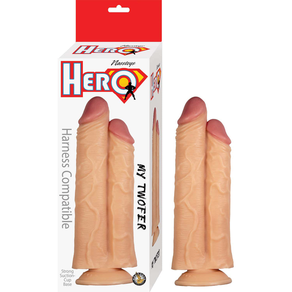 Nasstoys Hero My Twofer 11 Inch Realistic Dildo White in packaging with suction cup base for versatile play.
