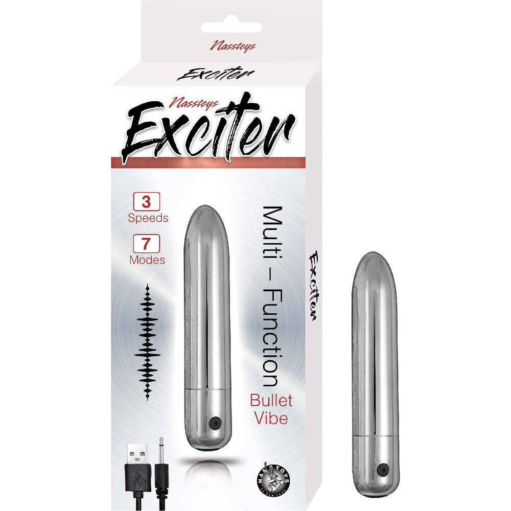 Exciter Multi Function Bullet Vibe Silver packaging featuring 3 speeds and 7 modes for targeted stimulation.
