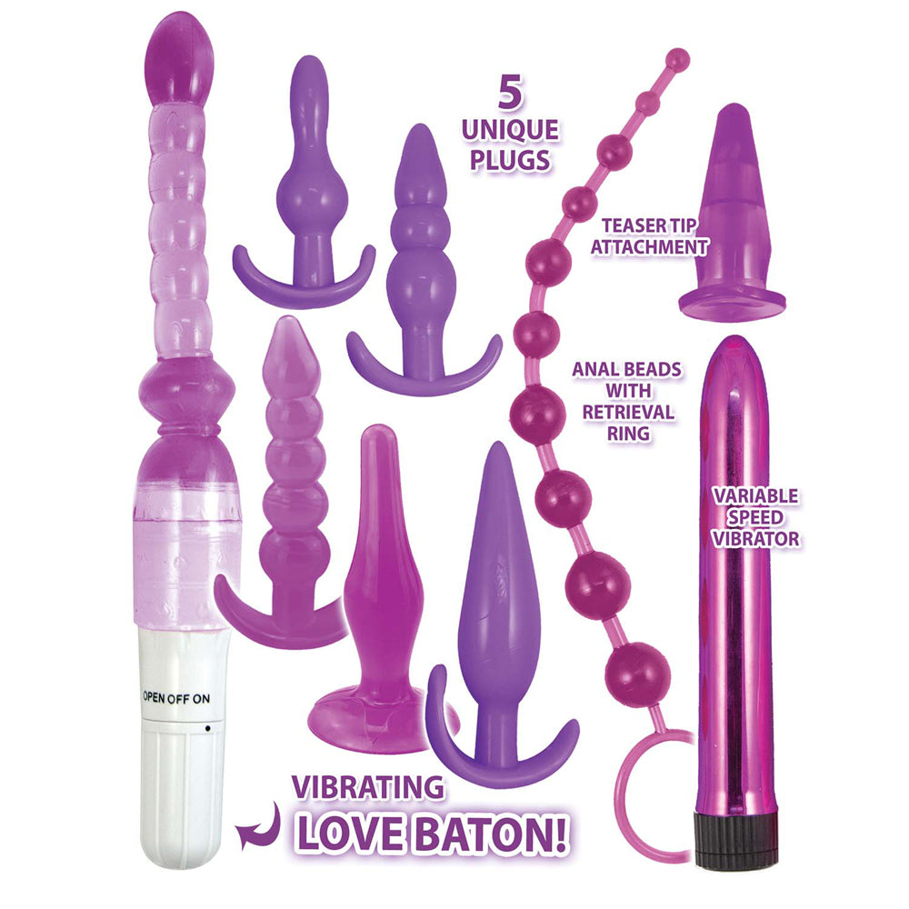 Purple Elite Collection Supreme Anal Play Kit Purple featuring 5 unique plugs, anal beads, teaser tip attachment, and vibrator.