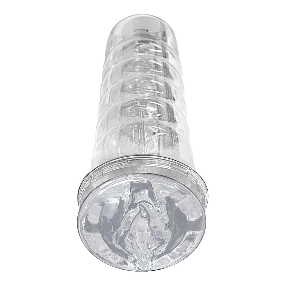Dream-lite Crystal Vagina Masturbator Clear features a crystal-clear body with pleasure rings and nubs for stimulation.