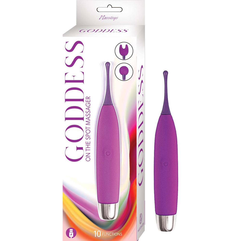 Nasstoys Goddess On The Spot Massager Purple packaging and product image with 10 functions for external stimulation.