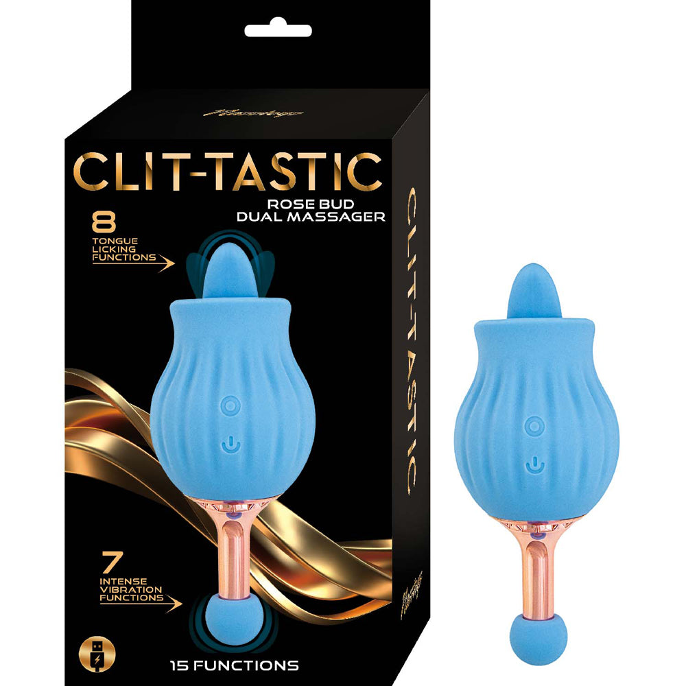 Nasstoys Clit-tastic Rose Bud Dual Massager Blue packaging and product showcasing its dual-ended design and features.