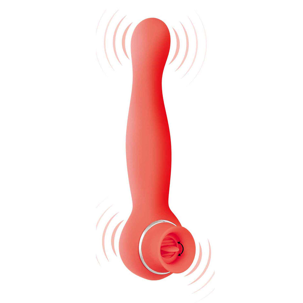 Blaze Luscious Licker Dual Ended Vibe Coral with dual motors for licking and vibrating functions.