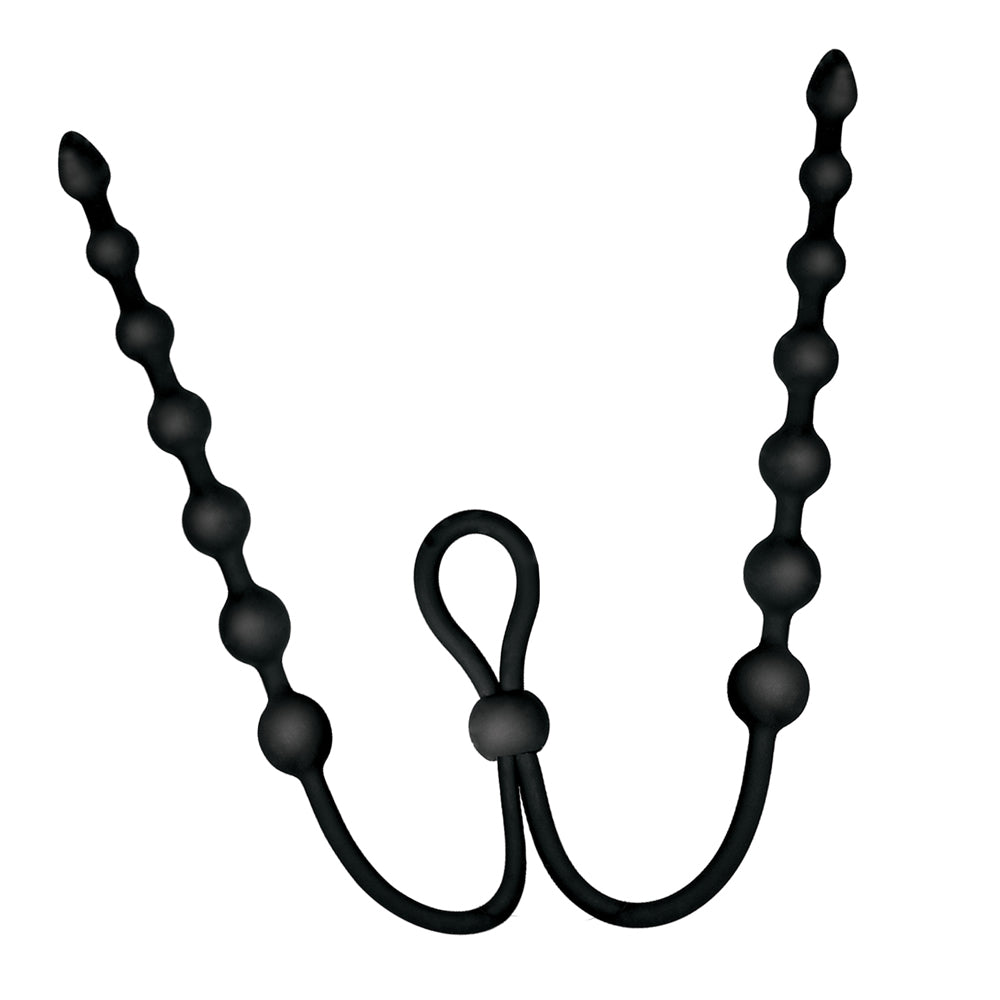 Ass-sation Dual Silicone Anal Beads Black featuring lasso-style cock ring and flexible bead strings for versatile pleasure.