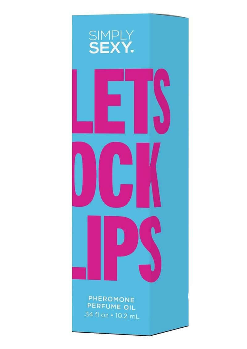 Simply Sexy Pheromone Perfume Oil Lets Lock Lips 0.34 Oz packaging featuring bright pink text and blue background.