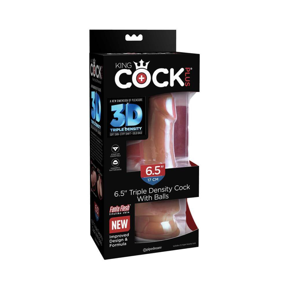 King Cock Plus 6.5 inch Triple Density Cock With Balls Tan in packaging showcasing features and product details.