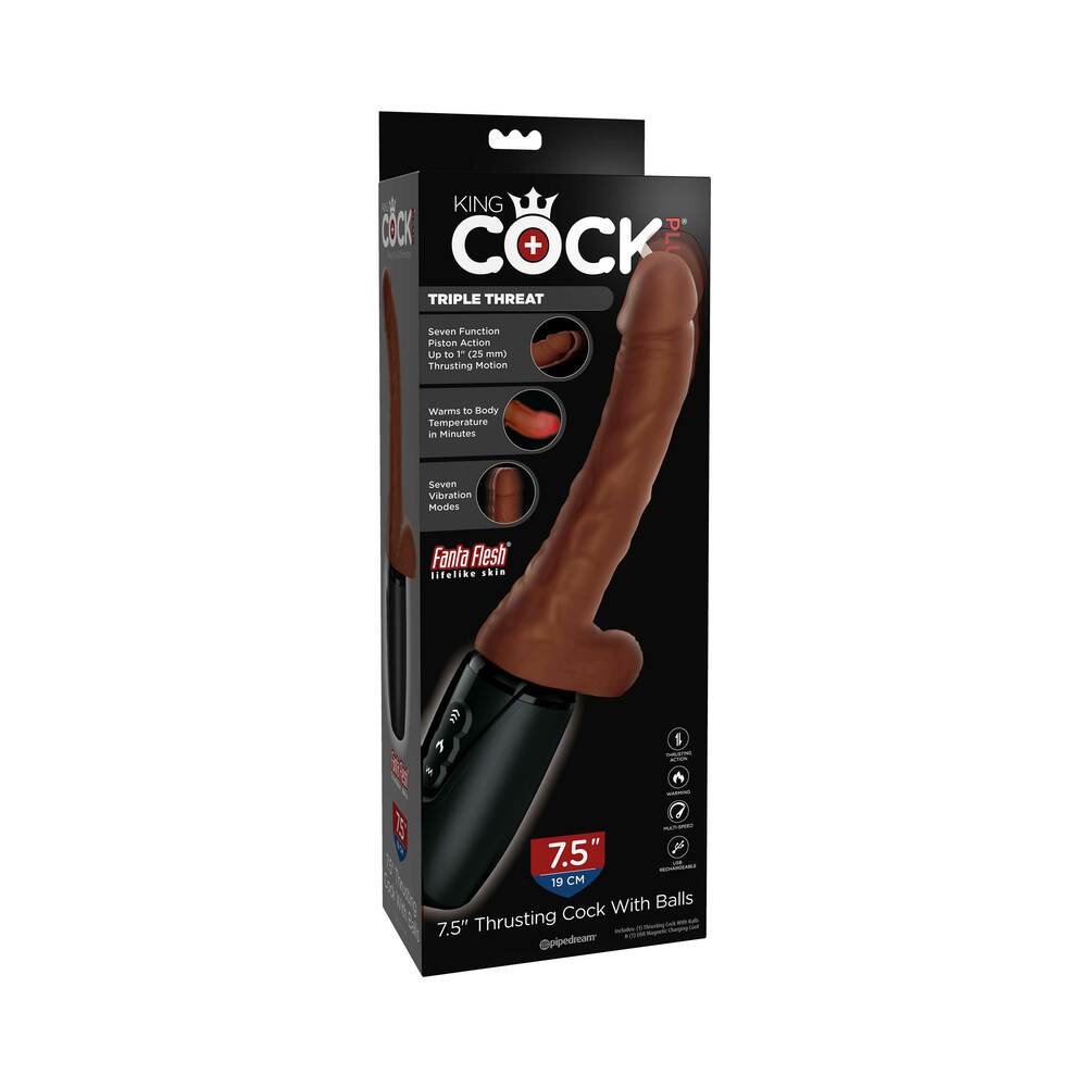 King Cock Plus 7.5 inches Thrusting Cock With Balls Rechargeable Realistic Vibrator Brown
