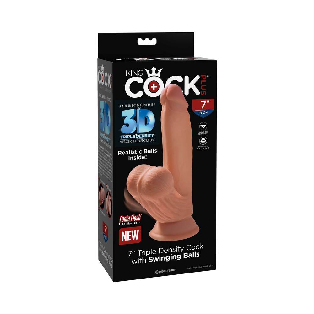 King Cock Plus 7 inches Triple Density Cock With Swinging Balls Dildo Tan