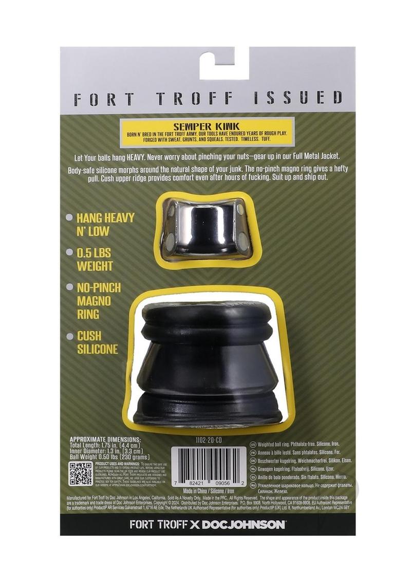 Fort Troff Full Metal Jacket Cock Ring Black packaging showcasing its design features and materials.