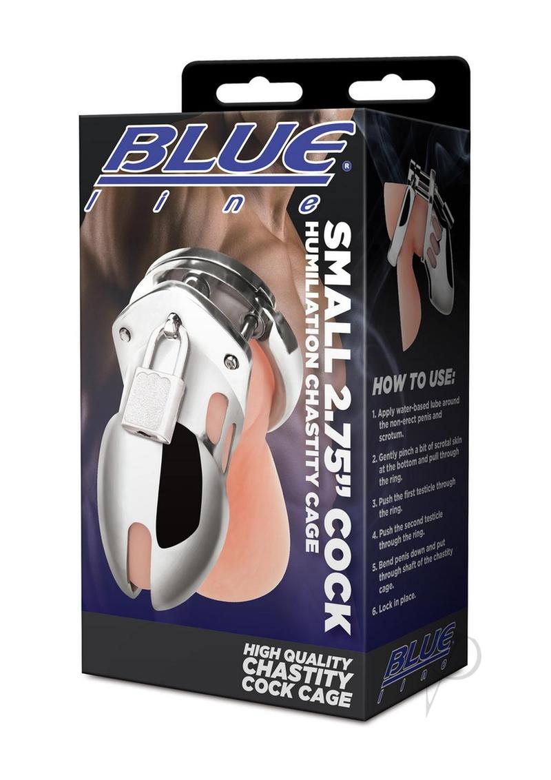 Blue Line Chastity Cage Small 2.75 inch Stainless Steel packaging featuring usage instructions and product details.