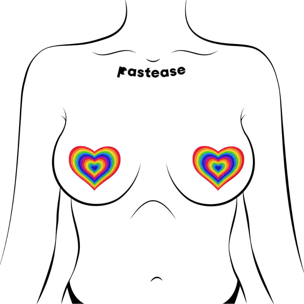 Pastease Love Velvet Rainbow Pumping Heart Nipple Pasties on a body silhouette with vibrant heart design.