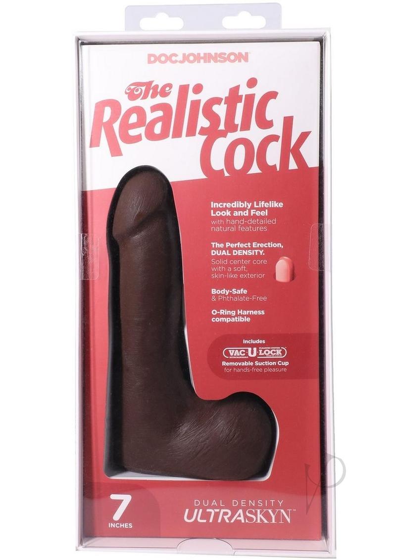 The Realistic Cock 7 inch Ultraskyn Dildo Chocolate in packaging displaying lifelike features and dual density design.