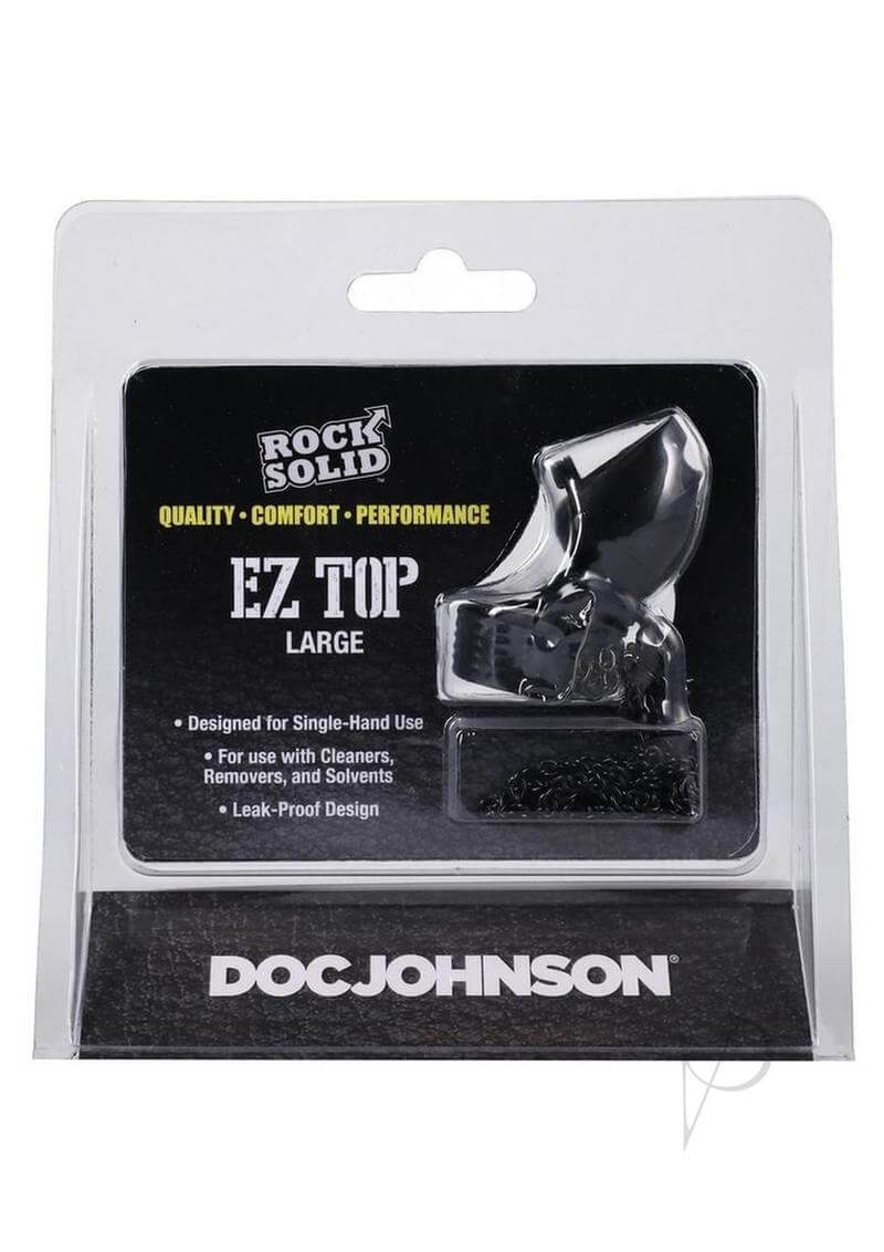 Rock Solid EZ Top Large Leak-Proof Lube Cap Black packaging displaying leak-proof design and single-hand use.