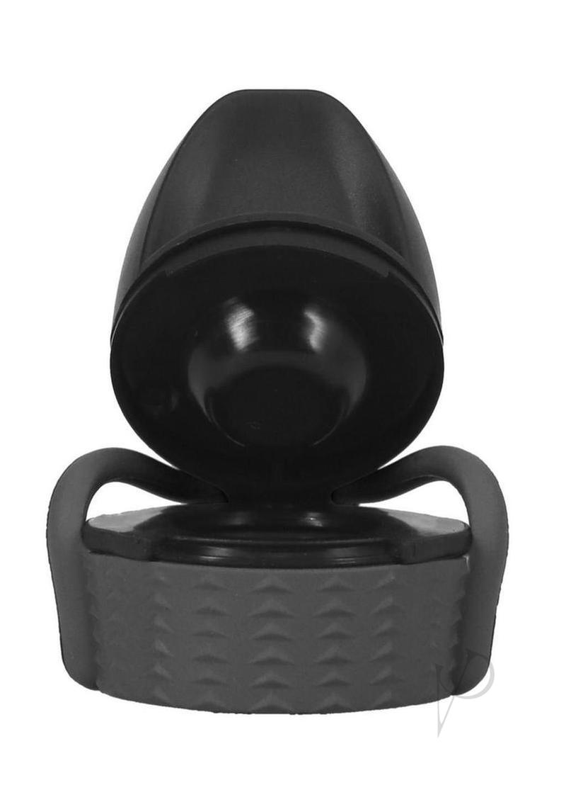 Rock Solid EZ Top Small Black Lube Bottle Cap displayed from the front, showcasing its ergonomic design and leak-proof feature.