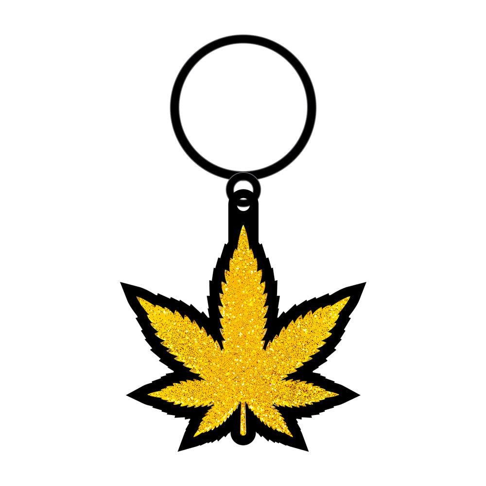 Wood Rocket Gold Glitter Leaf Keychain featuring a shiny gold glitter leaf design.