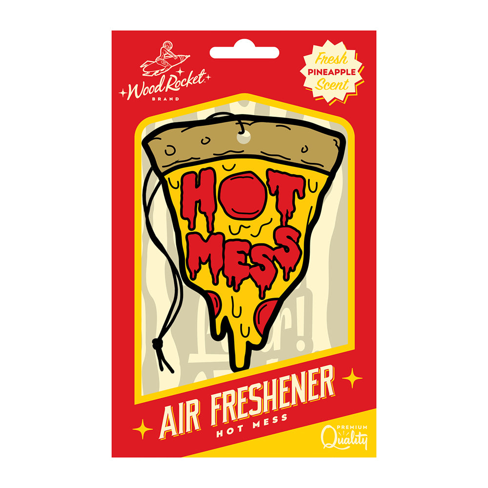 Wood Rocket Hot Mess Pizza Air Freshener Pineapple packaging with vibrant design and fresh pineapple scent.